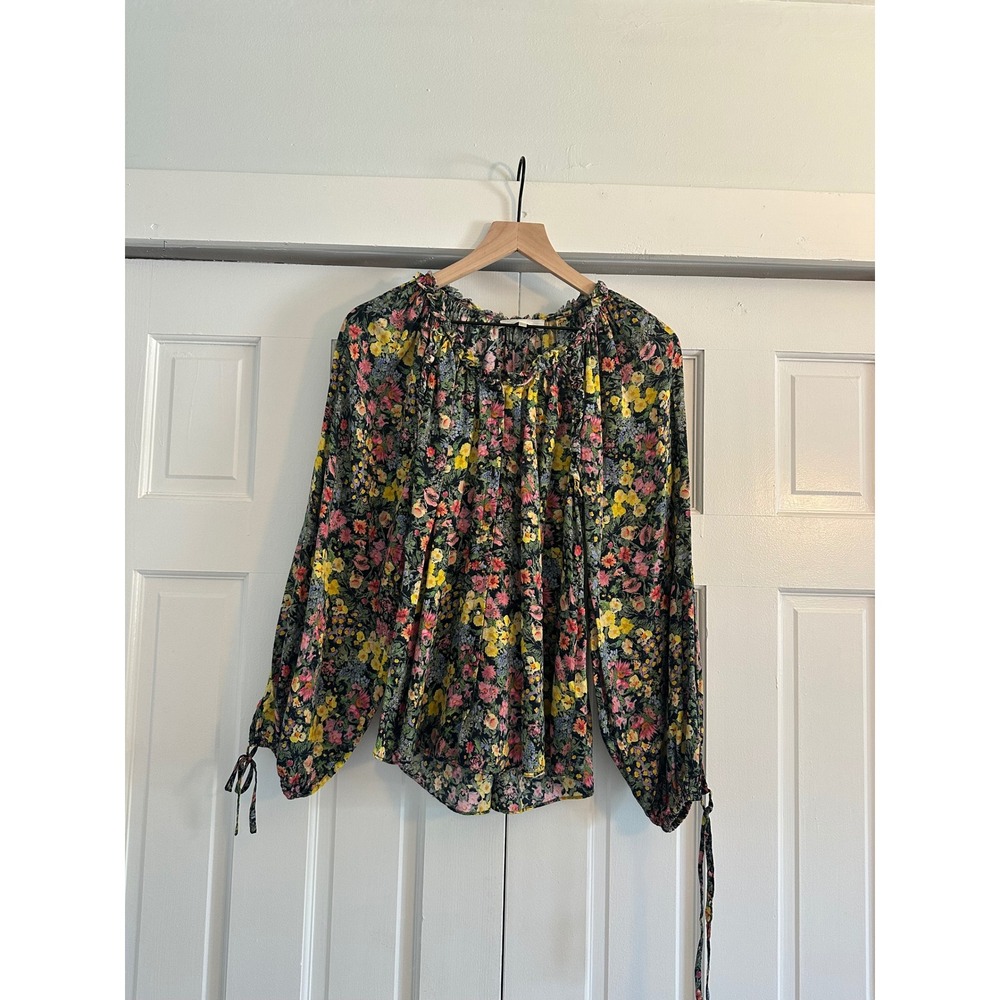 LoveShackFancy Silk Cotton Floral Ruffle Blouse Long Sleeve‎ Multicolor Small